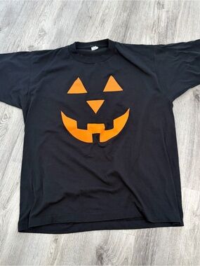 Vintage 90s Screen Stars Pumpkin Face T Shirt L Black Halloween Fall Unisex